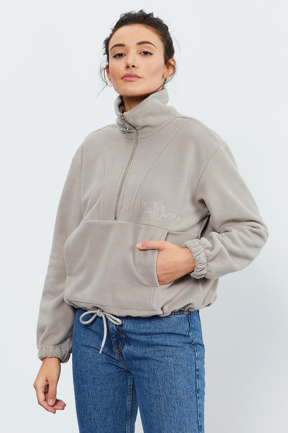 Dark Beige Half-Zip Skirt with Gathered Hem Women's Polar Oversize Sweatshirt - 97171