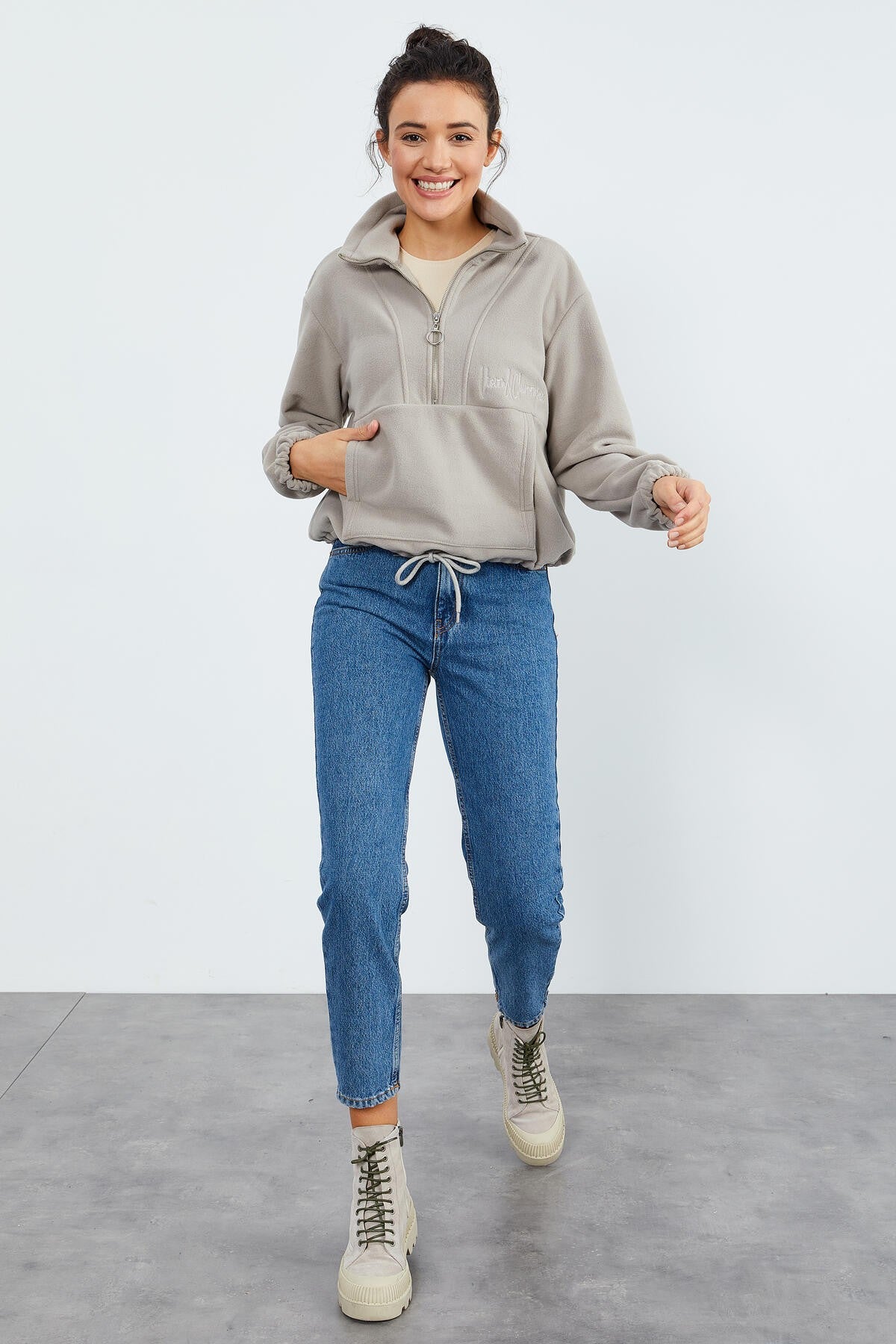 Dark Beige Half-Zip Skirt with Gathered Hem Women's Polar Oversize Sweatshirt - 97171