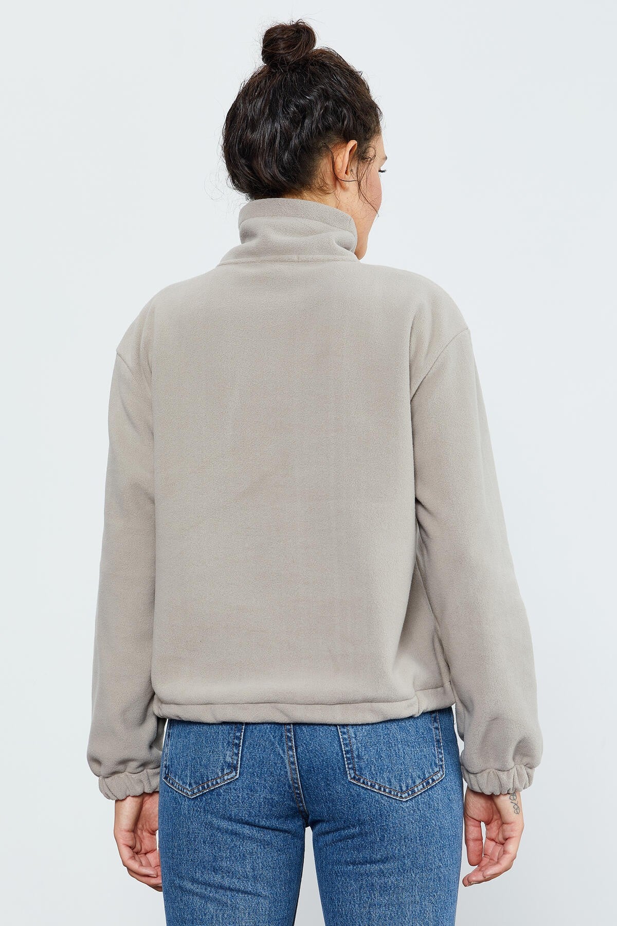 Dark Beige Half-Zip Skirt with Gathered Hem Women's Polar Oversize Sweatshirt - 97171