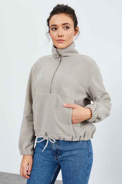 Dark Beige Half-Zip Skirt with Gathered Hem Women's Polar Oversize Sweatshirt - 97171