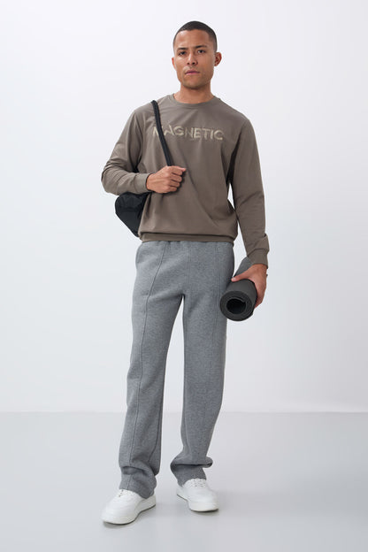 Dark Beige Embroidered O Collar Comfort Fit Fleece-Lined Men's Sweatshirt - 88020