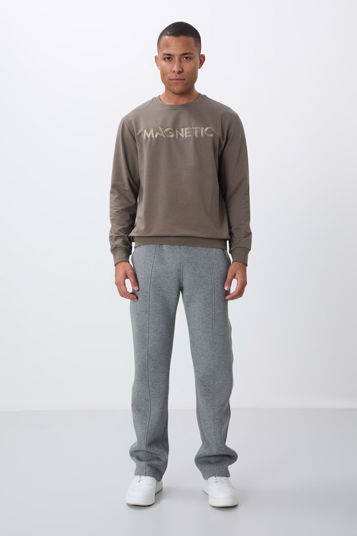 Dark Beige Embroidered O Collar Comfort Fit Fleece-Lined Men's Sweatshirt - 88020