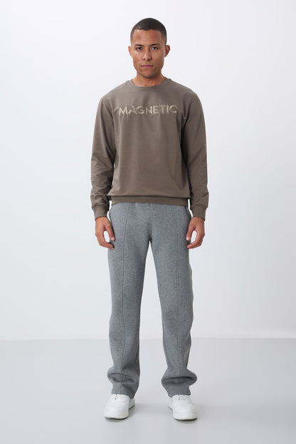 Dark Beige Embroidered O Collar Comfort Fit Fleece-Lined Men's Sweatshirt - 88020