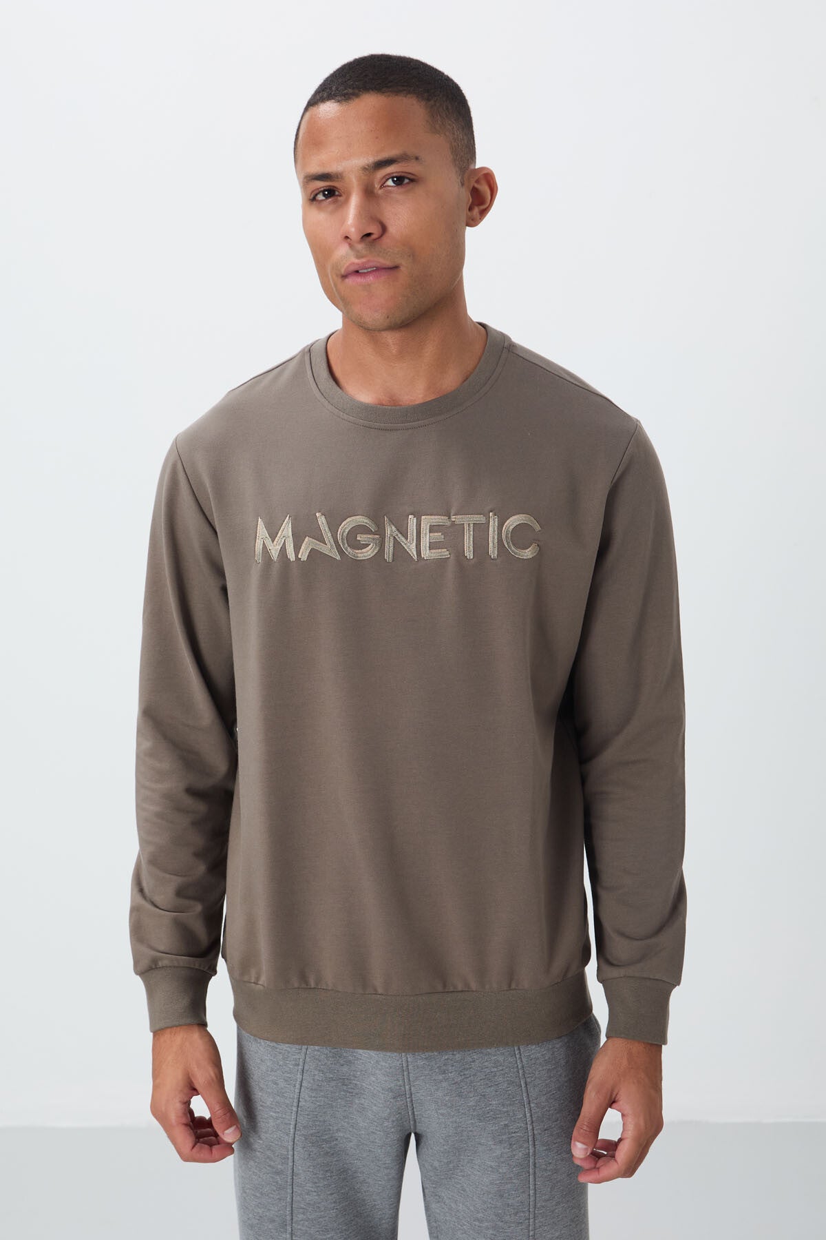 Dark Beige Embroidered O Collar Comfort Fit Fleece-Lined Men's Sweatshirt - 88020