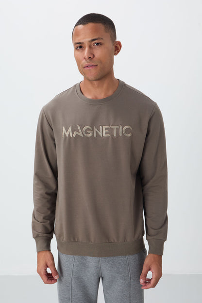 Dark Beige Embroidered O Collar Comfort Fit Fleece-Lined Men's Sweatshirt - 88020