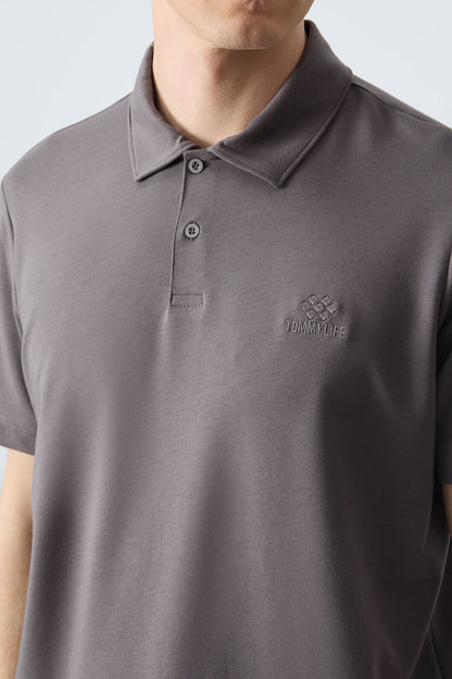 Dark Gray Basic Logo Standard Fit Knitted Polo Collar Men's T-Shirt - 87748
