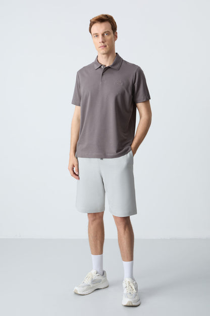 Dark Gray Basic Logo Standard Fit Knitted Polo Collar Men's T-Shirt - 87748
