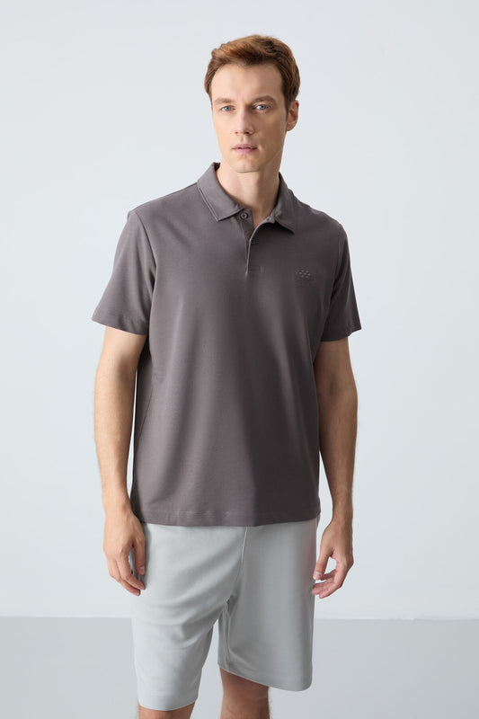 Dark Gray Basic Logo Standard Fit Knitted Polo Collar Men's T-Shirt - 87748