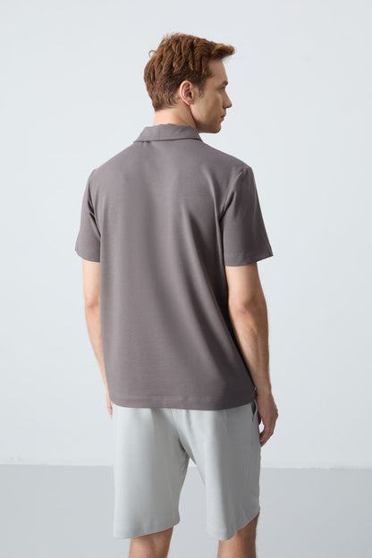 Dark Gray Basic Logo Standard Fit Knitted Polo Collar Men's T-Shirt - 87748