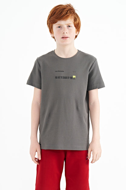 Dark Gray Print Detailed O Collar Standard Fit Men's Kids T-Shirt - 11117