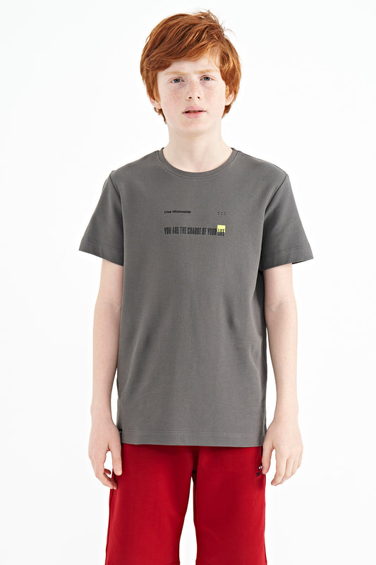 Dark Gray Print Detailed O Collar Standard Fit Men's Kids T-Shirt - 11117