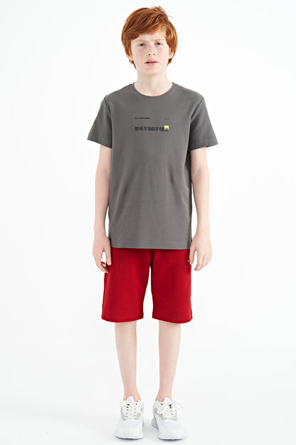 Dark Gray Print Detailed O Collar Standard Fit Men's Kids T-Shirt - 11117