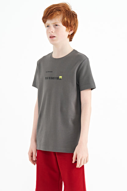 Dark Gray Print Detailed O Collar Standard Fit Men's Kids T-Shirt - 11117