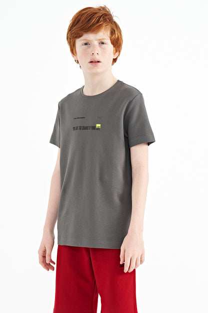Dark Gray Print Detailed O Collar Standard Fit Men's Kids T-Shirt - 11117