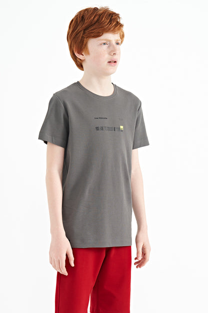 Dark Gray Print Detailed O Collar Standard Fit Men's Kids T-Shirt - 11117