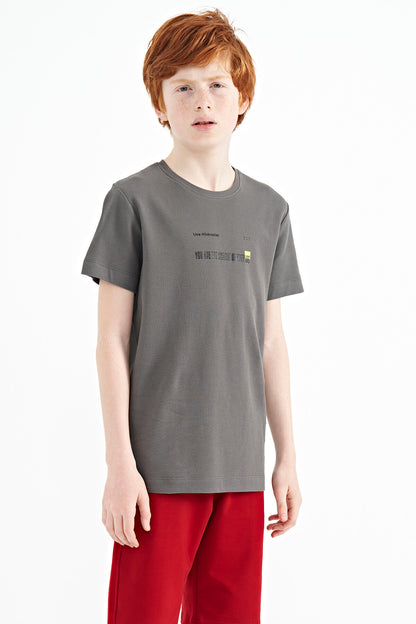 Dark Gray Print Detailed O Collar Standard Fit Men's Kids T-Shirt - 11117