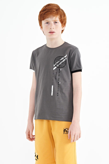 Dark Grey Print Detailed O Collar Standard Fit Boys' T-Shirt - 11131