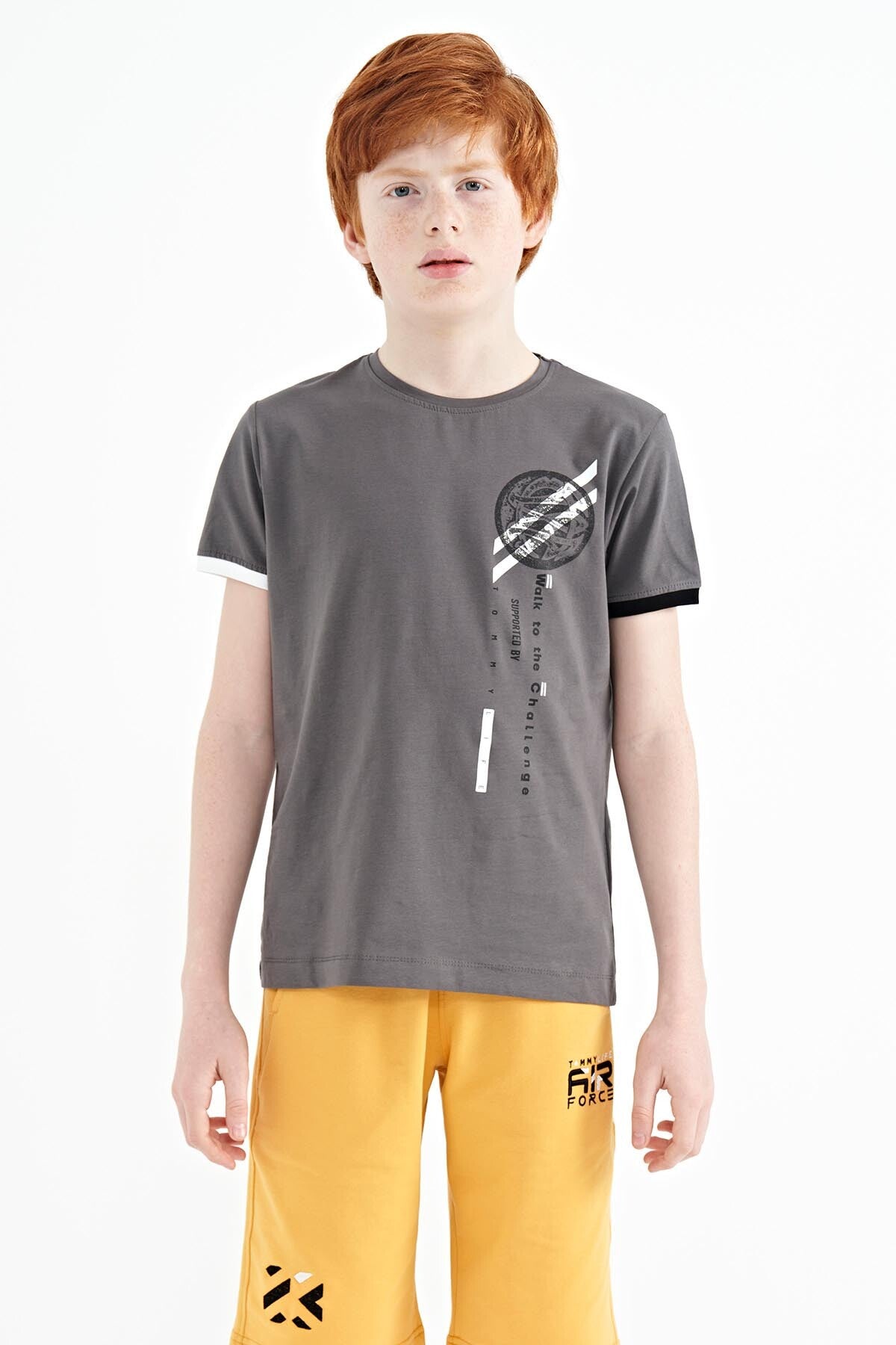 Dark Grey Print Detailed O Collar Standard Fit Boys' T-Shirt - 11131