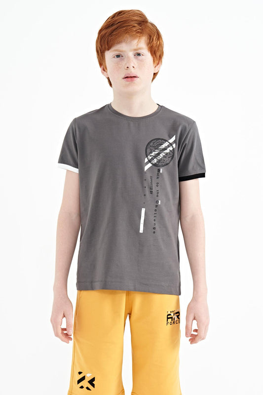Dark Grey Print Detailed O Collar Standard Fit Boys' T-Shirt - 11131