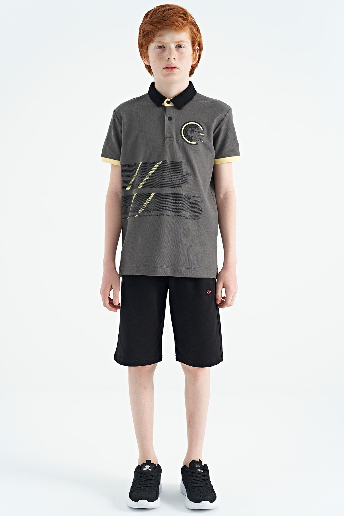Dark Grey Print Detailed Polo Collar Standard Fit Boys T-Shirt - 11094