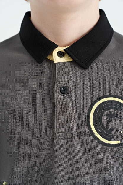 Dark Grey Print Detailed Polo Collar Standard Fit Boys T-Shirt - 11094