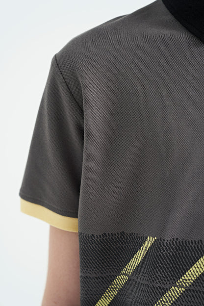 Dark Grey Print Detailed Polo Collar Standard Fit Boys T-Shirt - 11094