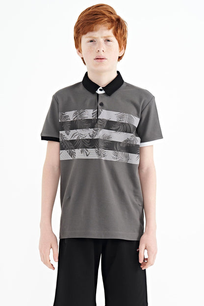 Dark Grey Print Detailed Standard Fit Polo Collar Boys' T-Shirt - 11101