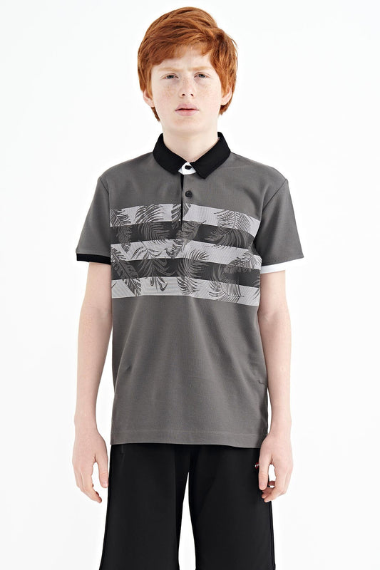 Dark Grey Print Detailed Standard Fit Polo Collar Boys' T-Shirt - 11101