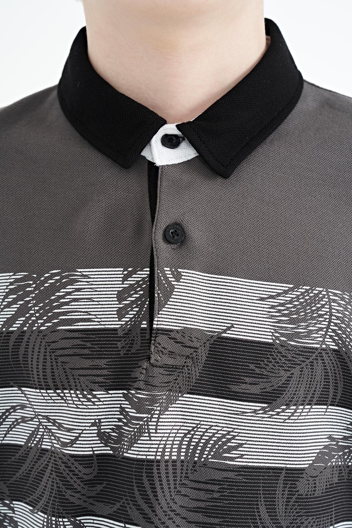 Dark Grey Print Detailed Standard Fit Polo Collar Boys' T-Shirt - 11101