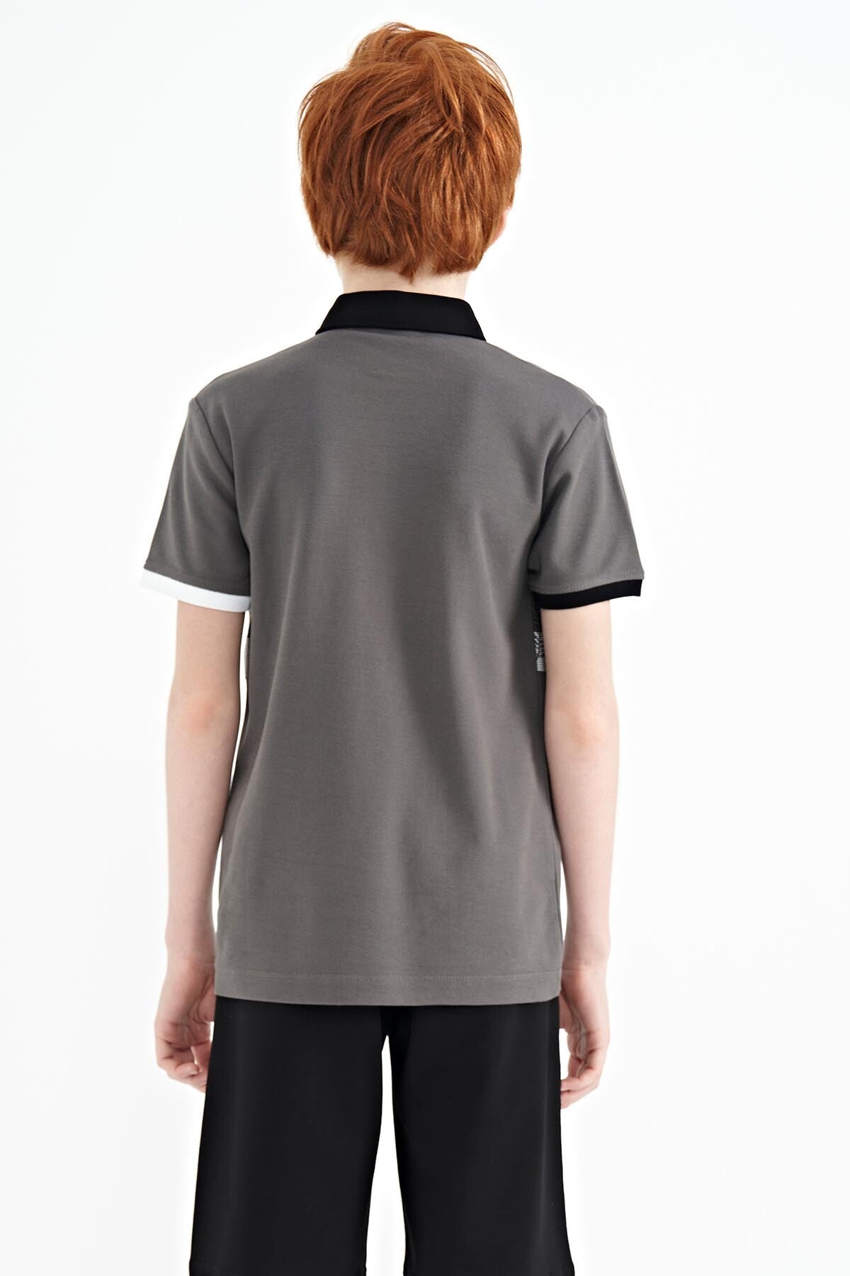 Dark Grey Print Detailed Standard Fit Polo Collar Boys' T-Shirt - 11101
