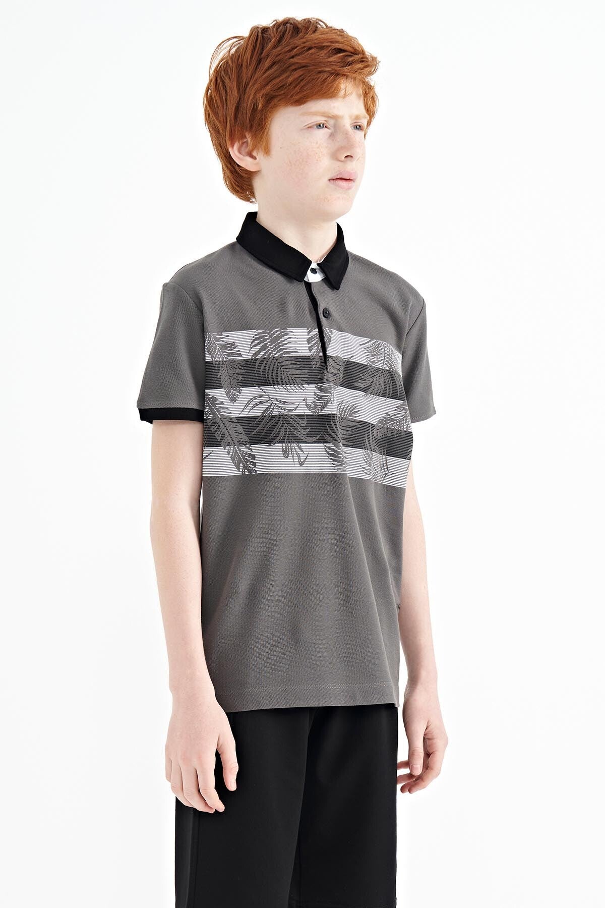 Dark Grey Print Detailed Standard Fit Polo Collar Boys' T-Shirt - 11101