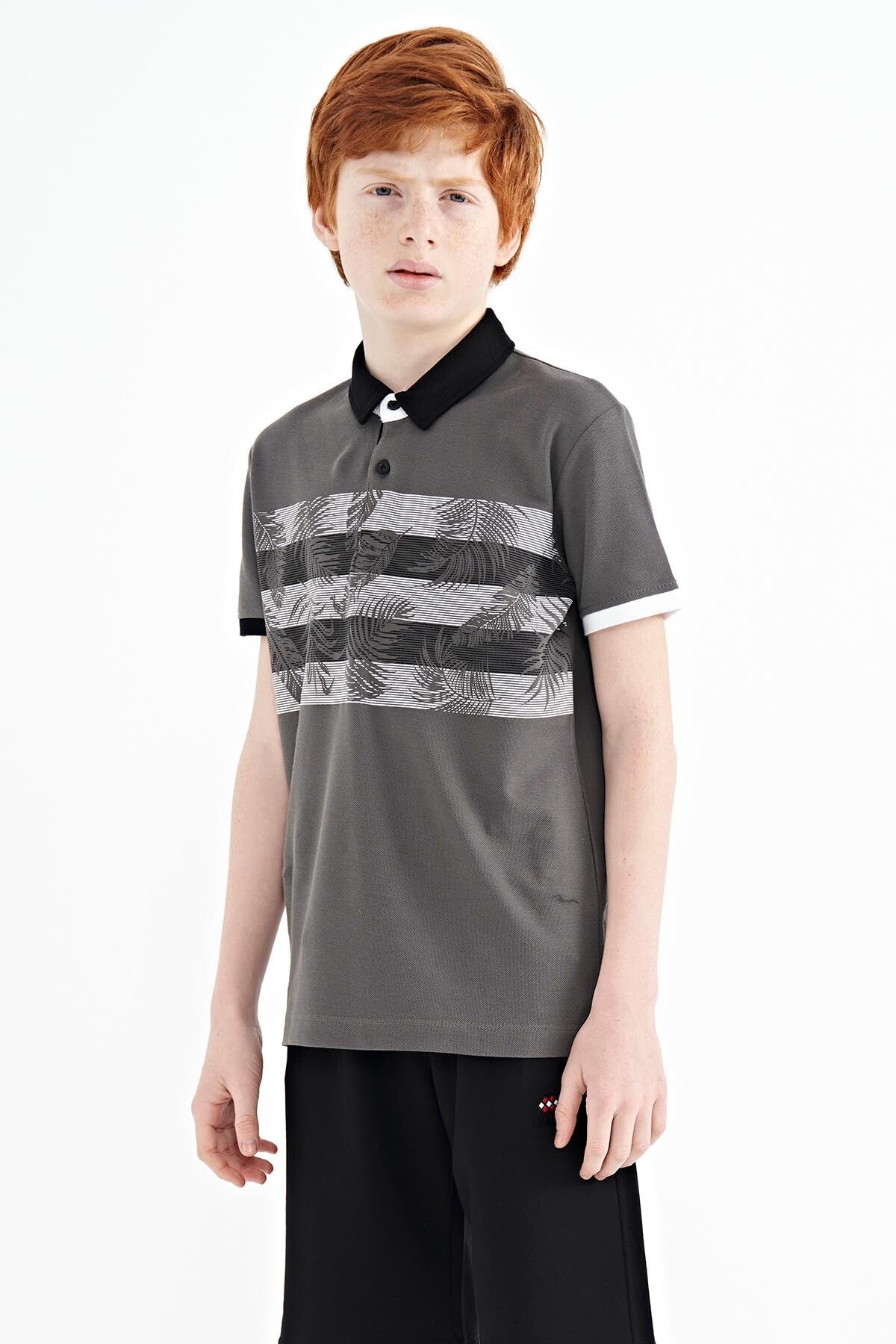 Dark Grey Print Detailed Standard Fit Polo Collar Boys' T-Shirt - 11101