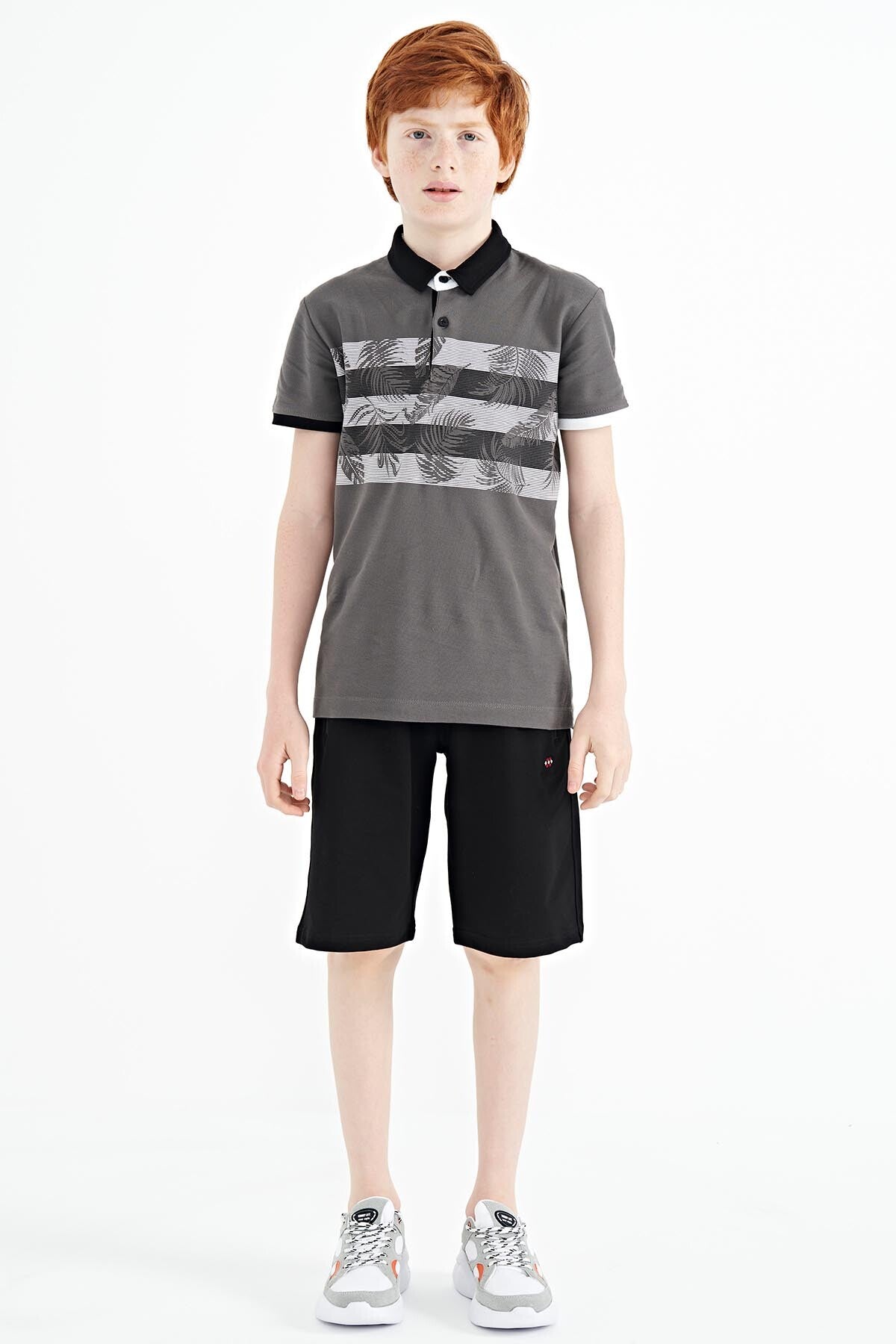 Dark Grey Print Detailed Standard Fit Polo Collar Boys' T-Shirt - 11101