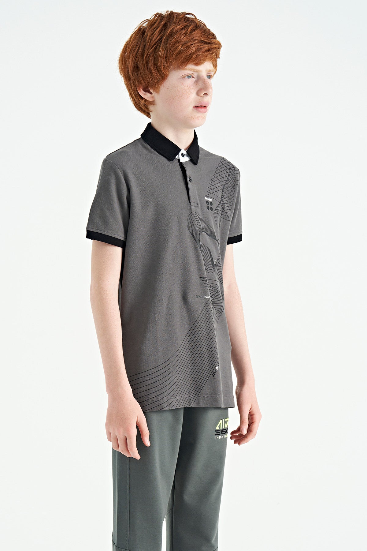 Dark Grey Print Detailed Standard Fit Polo Collar Boys T-Shirt - 11164