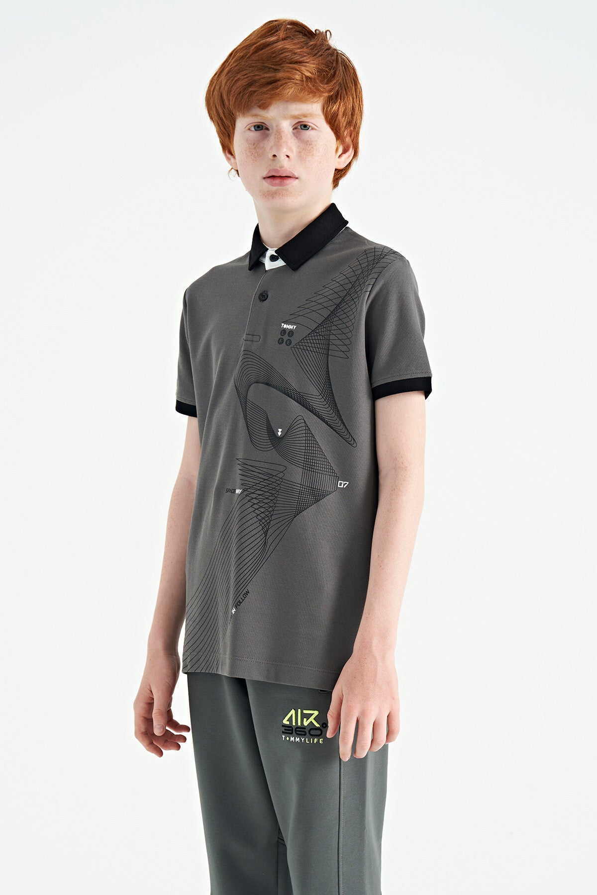 Dark Grey Print Detailed Standard Fit Polo Collar Boys T-Shirt - 11164