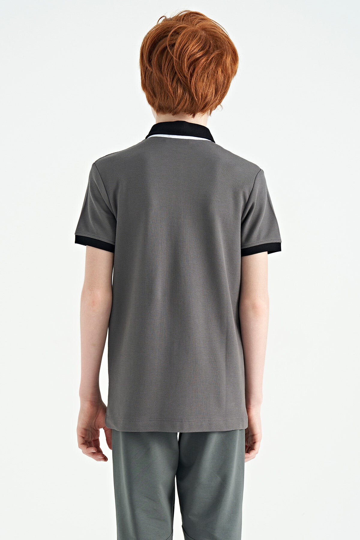 Dark Grey Print Detailed Standard Fit Polo Collar Boys T-Shirt - 11164