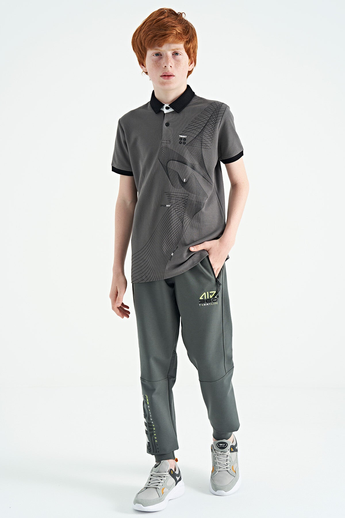 Dark Grey Print Detailed Standard Fit Polo Collar Boys T-Shirt - 11164