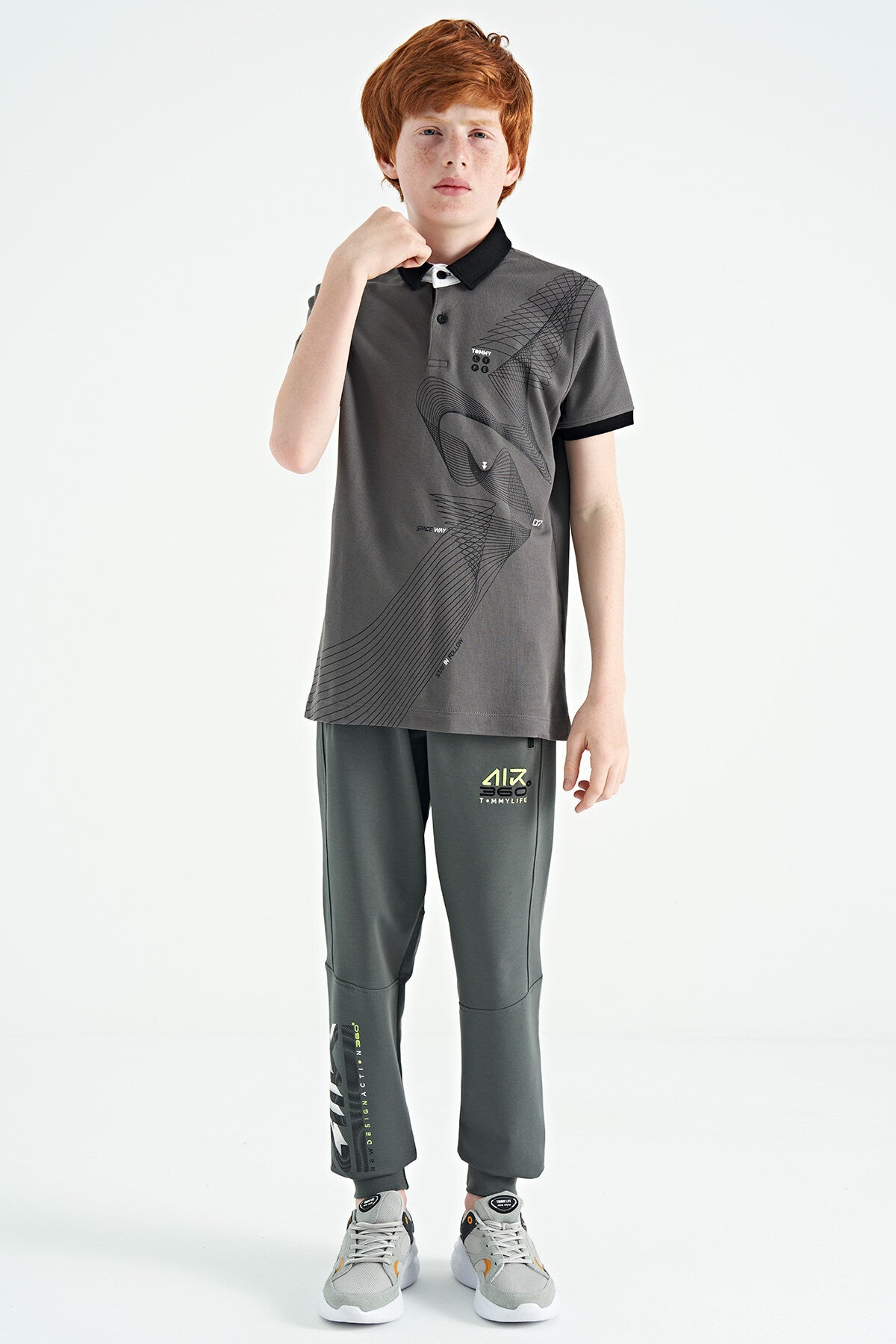 Dark Grey Print Detailed Standard Fit Polo Collar Boys T-Shirt - 11164