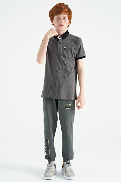 Dark Grey Print Detailed Standard Fit Polo Collar Boys T-Shirt - 11164