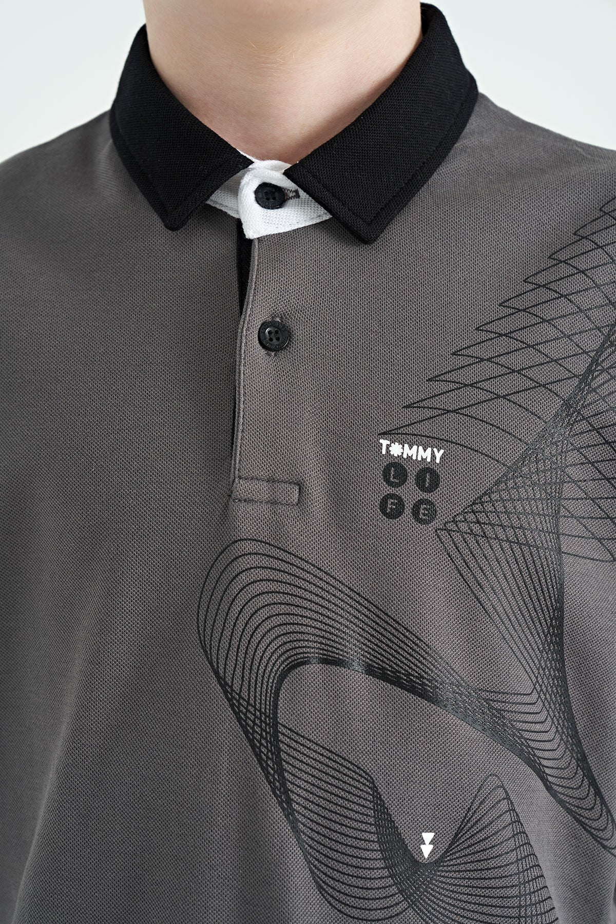 Dark Grey Print Detailed Standard Fit Polo Collar Boys T-Shirt - 11164