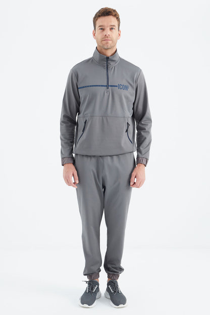 Dark Grey Stand Collar Men's Tracksuit Set - 85215