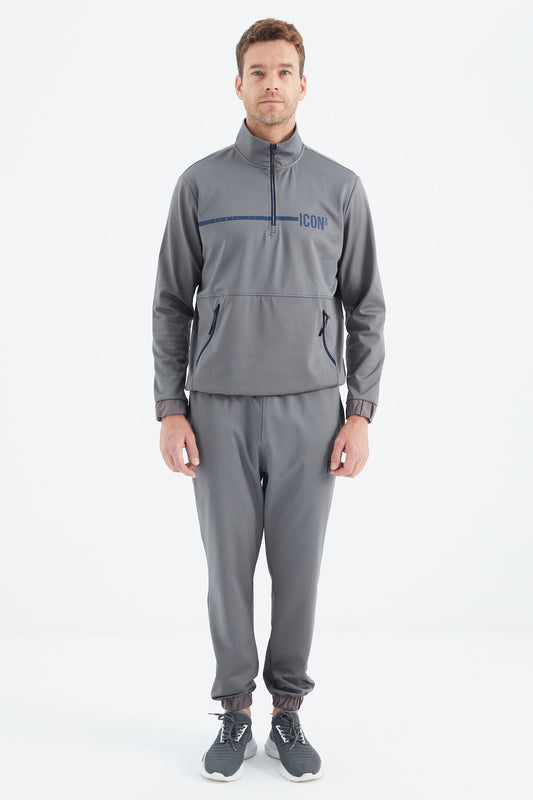 Dark Grey Stand Collar Men's Tracksuit Set - 85215
