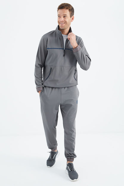 Dark Grey Stand Collar Men's Tracksuit Set - 85215