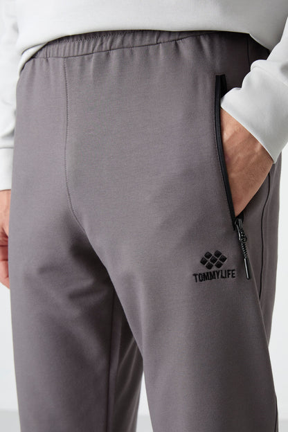 Dark Grey Zippered Pocket Standard Fit Jogger Men's Tracksuit Bottom - 84587