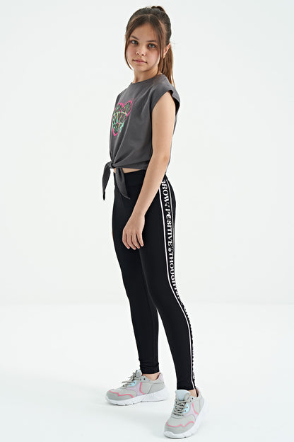 Dark Grey Heart Print Front Knot Detailed Comfortable Fit Girls' T-Shirt - 75114