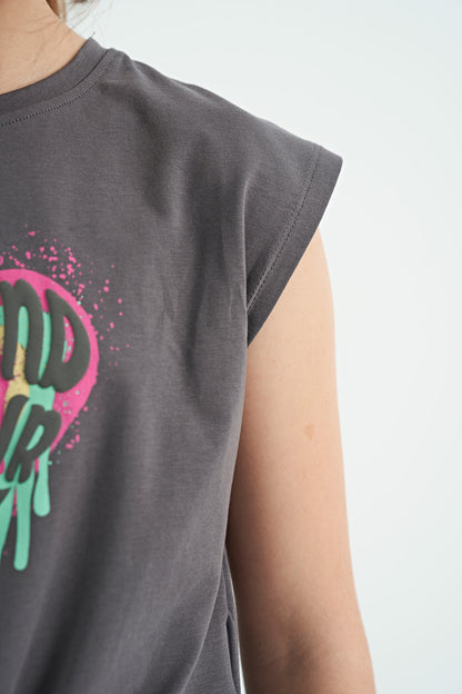 Dark Grey Heart Print Front Knot Detailed Comfortable Fit Girls' T-Shirt - 75114