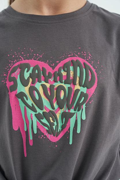 Dark Grey Heart Print Front Knot Detailed Comfortable Fit Girls' T-Shirt - 75114