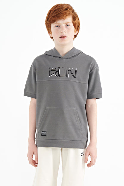 Dark Gray Kangaroo Pocket Hooded Oversize Boys T-Shirt - 11160