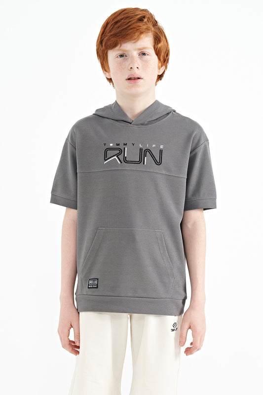 Dark Gray Kangaroo Pocket Hooded Oversize Boys T-Shirt - 11160