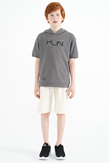 Dark Gray Kangaroo Pocket Hooded Oversize Boys T-Shirt - 11160